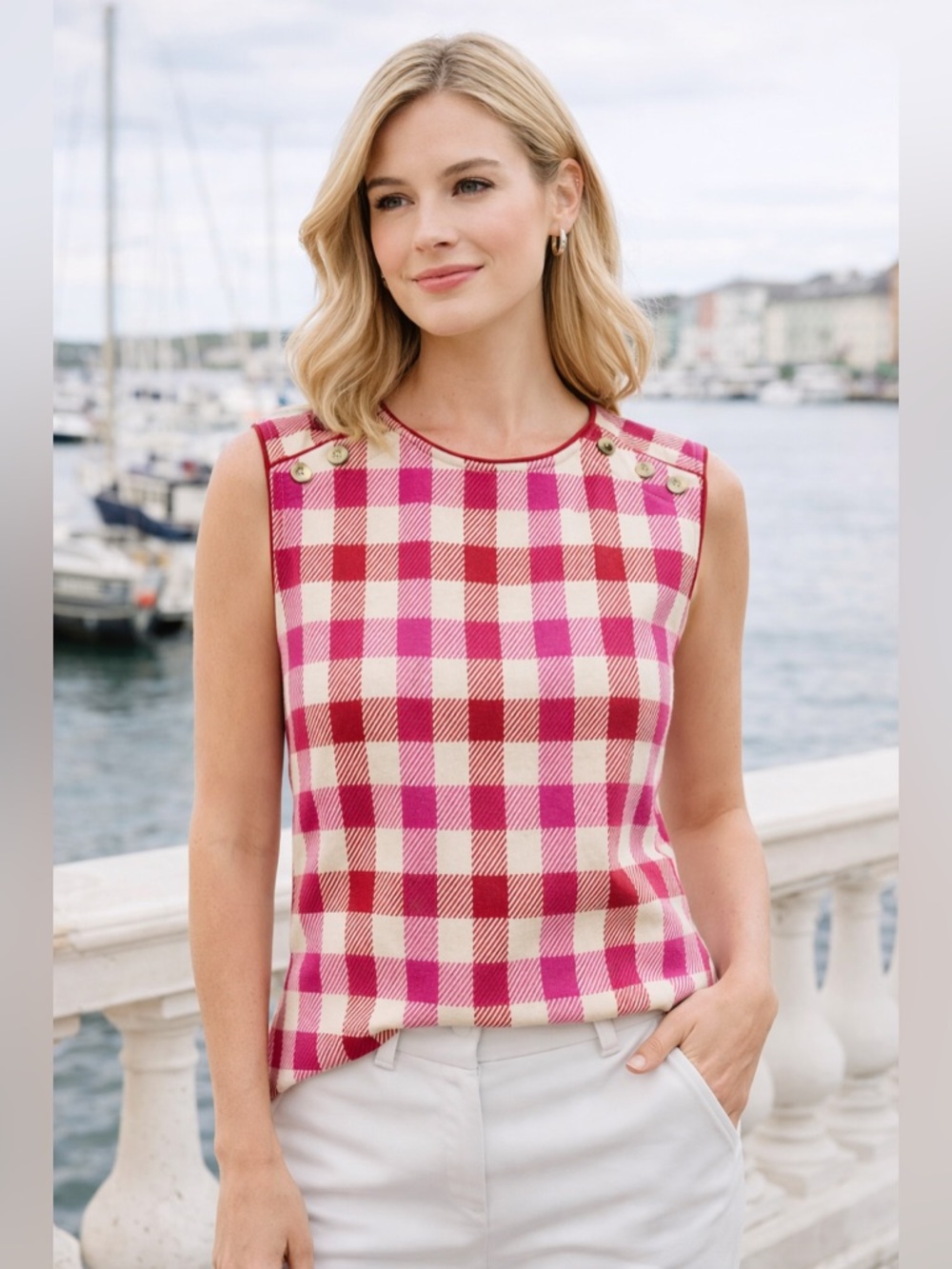 Ann Taylor Sleeveless Pink Gingham Button Shoulder Top Size Large